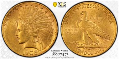 1908-D $10 No Motto AU58