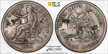 1876-CC T$1 C-2 Small Wide CC, Chopmarked N1