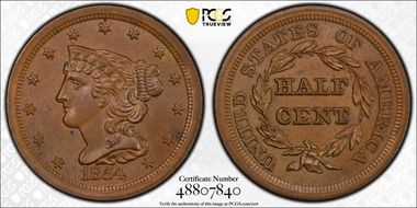 1854 1/2C MS64BN