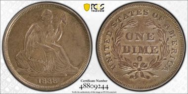 1838-O 10C Fortin-102, Huge O AU50