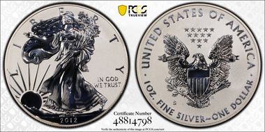2012-S $1 Silver Eagle Rev PR  75th Anniversary SF Mint Set PR70