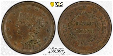1857 1/2C AU55BN