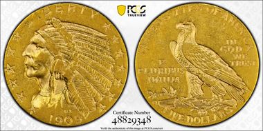1909-D $5 XF45