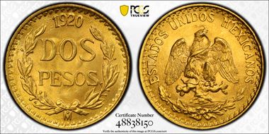 1920-Mo 2 Peso KM-461  Au MS65