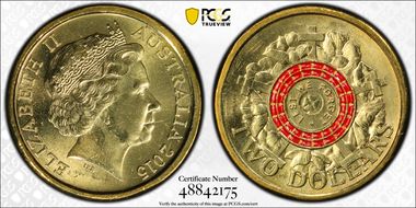 2015 $2 Lest We Forget Colorized Poppy Counterstamp MS65