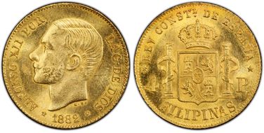 1882 4 Peso KM-151  Au MS63