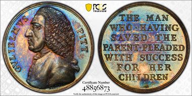 (c. 1863) AR Medal Betts-516, William Pitt Restrike MS63