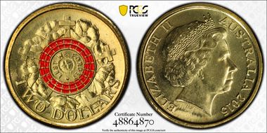 2015 $2 Lest We Forget Colorized Poppy Counterstamp MS67