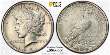 1921 $1 High Relief, Peace MS64