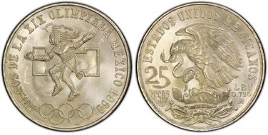 1968-Mo 25 Peso Olympic KM-479.1 Rings Align, Straight Tongue MS66