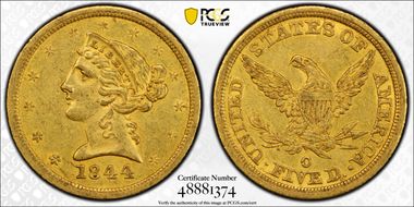 1844-O $5 AU55