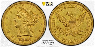 1845 $5 AU58