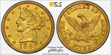 1847 $5 AU58