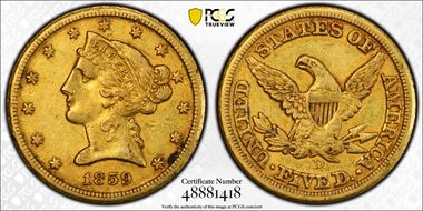 1859-D $5 Medium D AU50