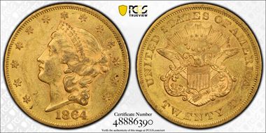 1864 $20 AU58