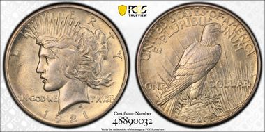 1921 $1 High Relief, Peace AU58