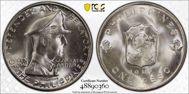 1947-S Peso Douglas MacArthur KM-185  Ag MS66