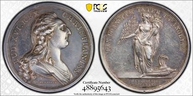 1783 AR Medal Betts-612, Treaty of Paris AU55