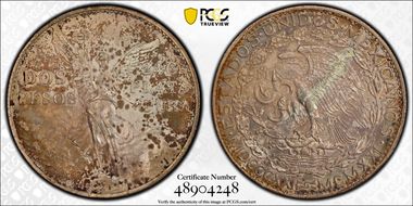 1921-Mo 2 Peso Centennial, 9 Tail F. KM-462  Ag AU55