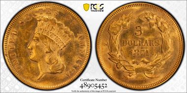 1874 $3 MS62+ 