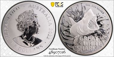2022 $5 Year of the Great  White Shark 5oz Ag MS69