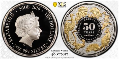 2016 $10 Decimal Currency Australia 50th Ann., Partial Gilt PR70DCAM