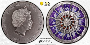 2023 $5 Signs of the Zodiac Antique Finish 5oz Ag SP67