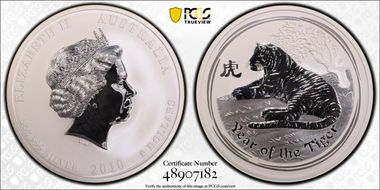 2010-P $8 Year of the Tiger 5oz Ag MS68