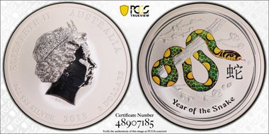 2013-P $8 Year of the Snake 5oz Colorized MS70