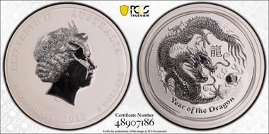 2012-P $8 Year of the Dragon 5oz Ag MS69