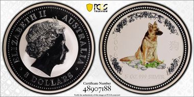 2006 $8 Year of the Dog 5oz Ag 5oz Ag Colorized MS69