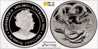 2023-P $2 Dragon and Koi 2oz Ag High Relief PR70DCAM