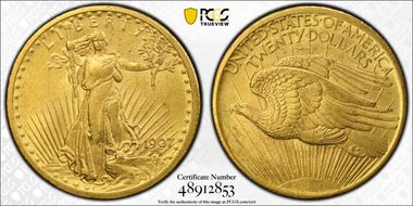 1907 $20 Saint-Gaudens AU58