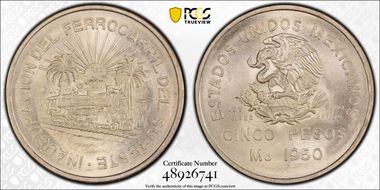 1950-Mo 5 Peso Southeastern Railroad KM-466  Ag MS65