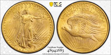 1908 $20 No Motto MS63