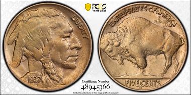 1937-D 5C 3 Legs AU53