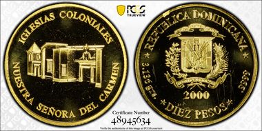 2000 10 Peso Nuestra Señora del Carmen Au MS69