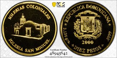 2000 10 Peso Iglesia San Miguel Au MS69