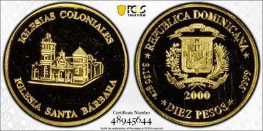 2000 10 Peso Iglesia Santa Bárbara Au MS68