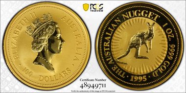 1995 $100 Red Kangaroo-Nugget Au MS68