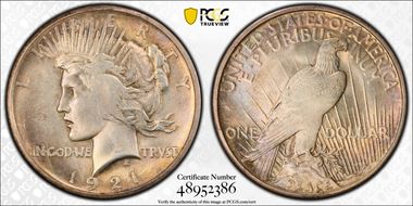 1921 $1 High Relief, Peace MS62