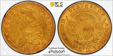 1810 $5 Large Date, Large 5 AU50