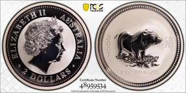 2007 $2 Year of the Pig 2oz Ag MS69