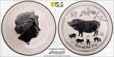 2019-P $2 Year of the Pig 2oz Ag MS70
