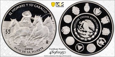 2000-Mo 5 Peso Paso de la Muerte Ag Man and his Horse PR68DCAM