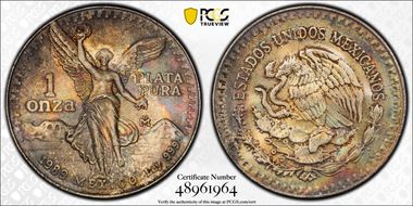 1989-Mo Onza Libertad Ag w/o Dot before 999 MS67