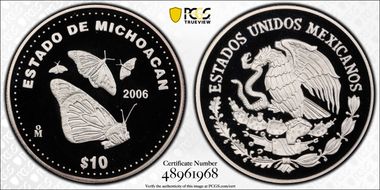 2006-Mo 10 Peso Michoacan KM-831 Ag PR70DCAM