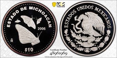 2006-Mo 10 Peso Michoacan KM-831 Ag PR69DCAM
