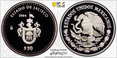 2004-Mo 10 Peso Jalisco KM-749  Ag PR69DCAM