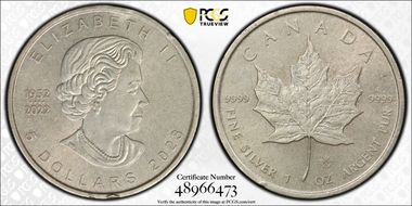 2023 $5 Maple Leaf 1oz Ag MS62